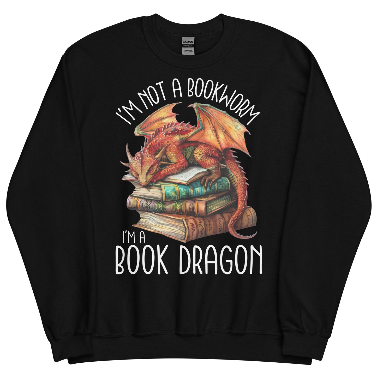 The book dragon sweatshirt has a design of a sleeping dragon on top of stacked books. The text says, "I'm not a bookworm. I'm a book dragon."
The colour of this sweatshirt is black.