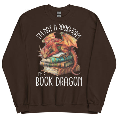 The book dragon sweatshirt has a design of a sleeping dragon on top of stacked books. The text says, "I'm not a bookworm. I'm a book dragon."
The colour of this sweatshirt is dark chocolate.