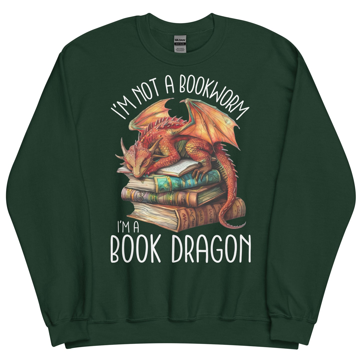 The book dragon sweatshirt has a design of a sleeping dragon on top of stacked books. The text says, "I'm not a bookworm. I'm a book dragon."
The colour of this sweatshirt is forest green.