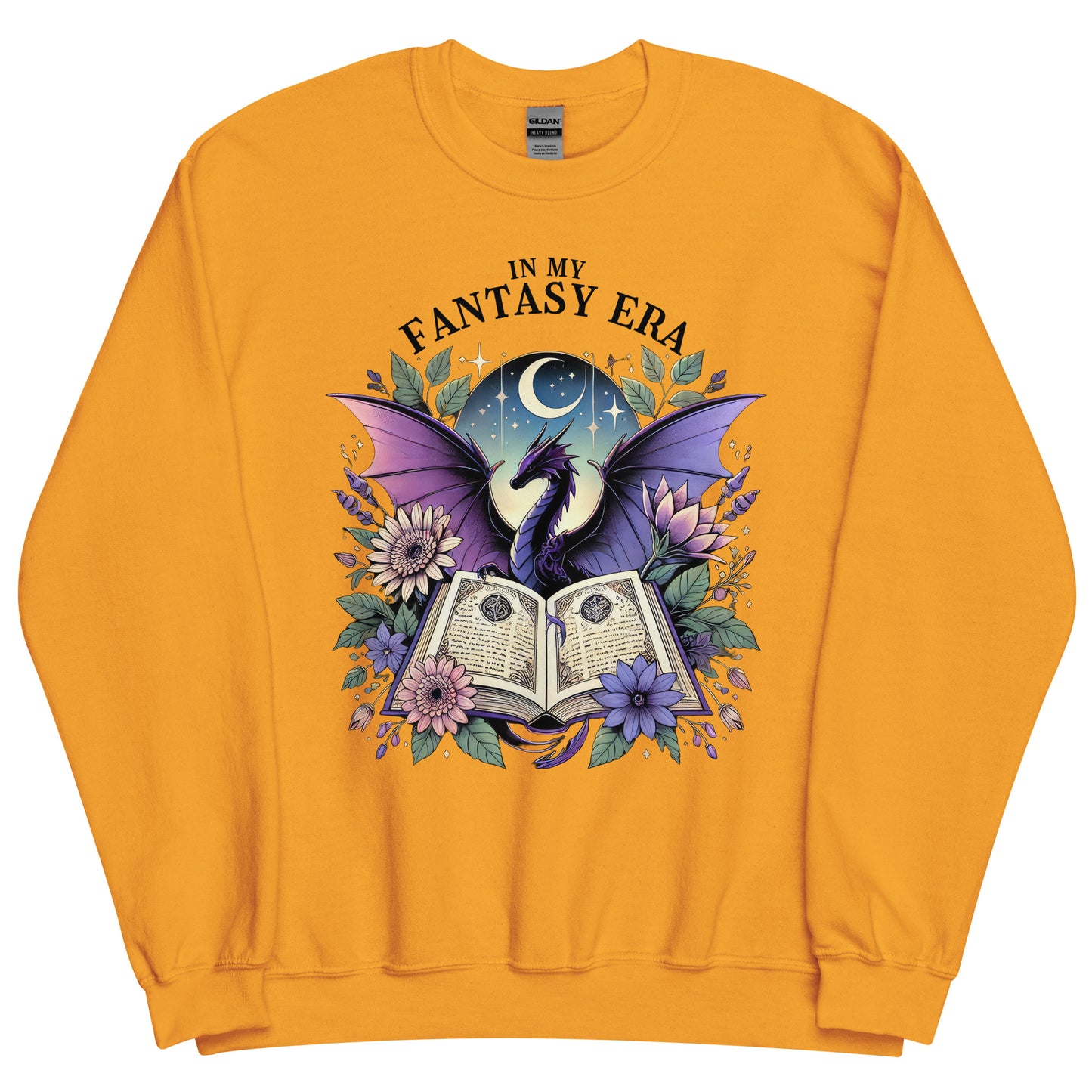 The in my fantasy era sweatshirt has a design of a purple dragon behind an open fantasy book and they are surrounded by purple and pink flowers. The text above the dragon says: in my fantasy era.
This sweatshirt is the colour gold.