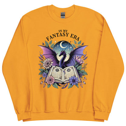 The in my fantasy era sweatshirt has a design of a purple dragon behind an open fantasy book and they are surrounded by purple and pink flowers. The text above the dragon says: in my fantasy era.
This sweatshirt is the colour gold.