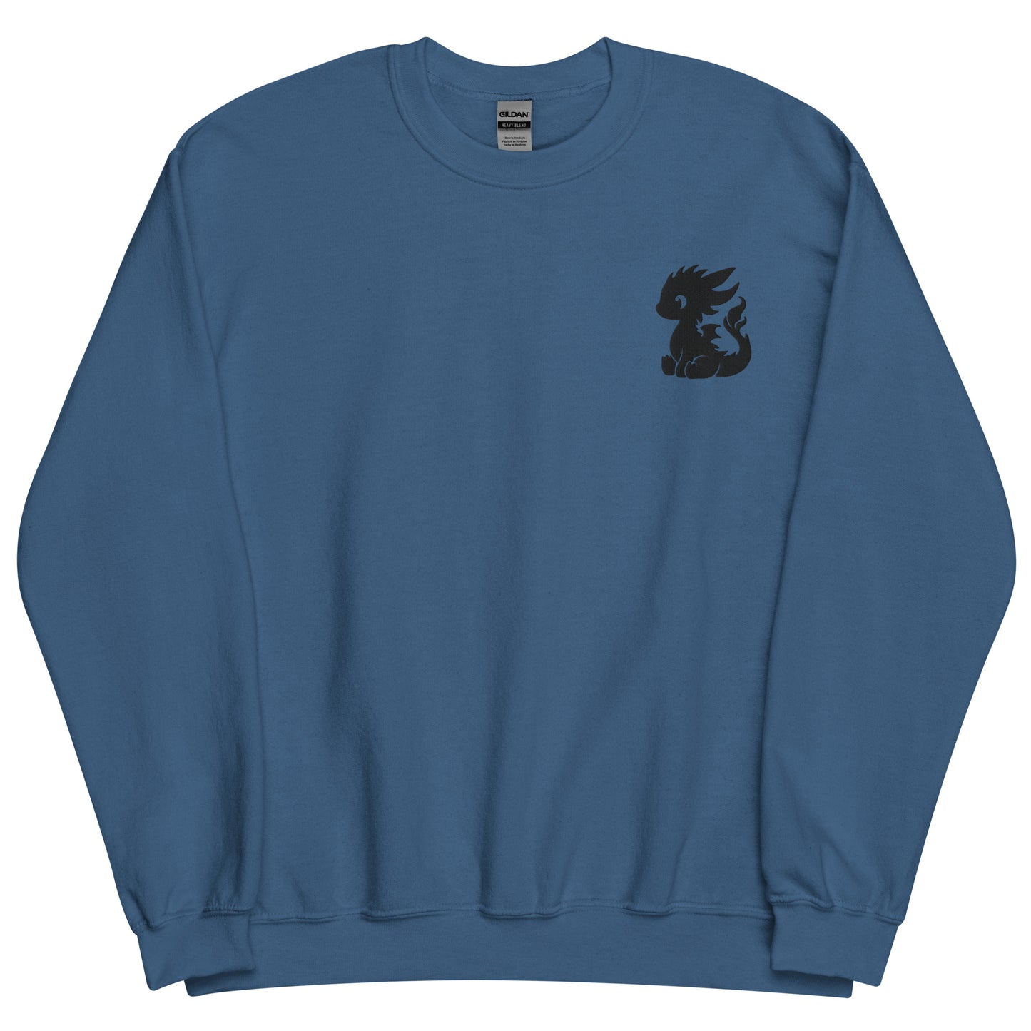 The baby dragon sweatshirt has a black embroidered baby dragon on the left chest of this sweatshirt.
The colour of this sweatshirt is indigo blue.