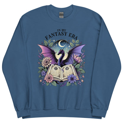 The in my fantasy era sweatshirt has a design of a purple dragon behind an open fantasy book and they are surrounded by purple and pink flowers. The text above the dragon says: in my fantasy era.
This sweatshirt is the colour indigo blue.