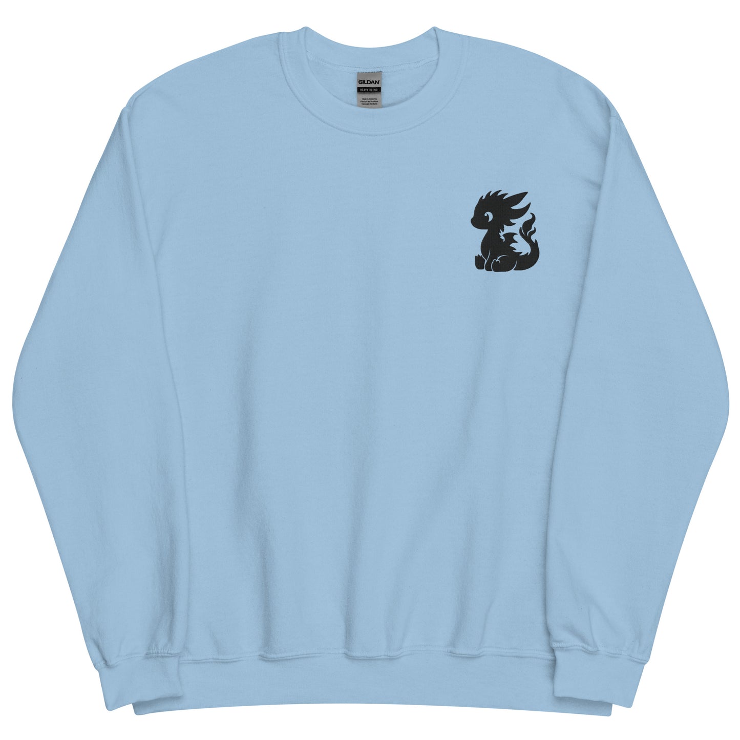 The baby dragon sweatshirt has a black embroidered baby dragon on the left chest of this sweatshirt.
The colour of this sweatshirt is light blue.