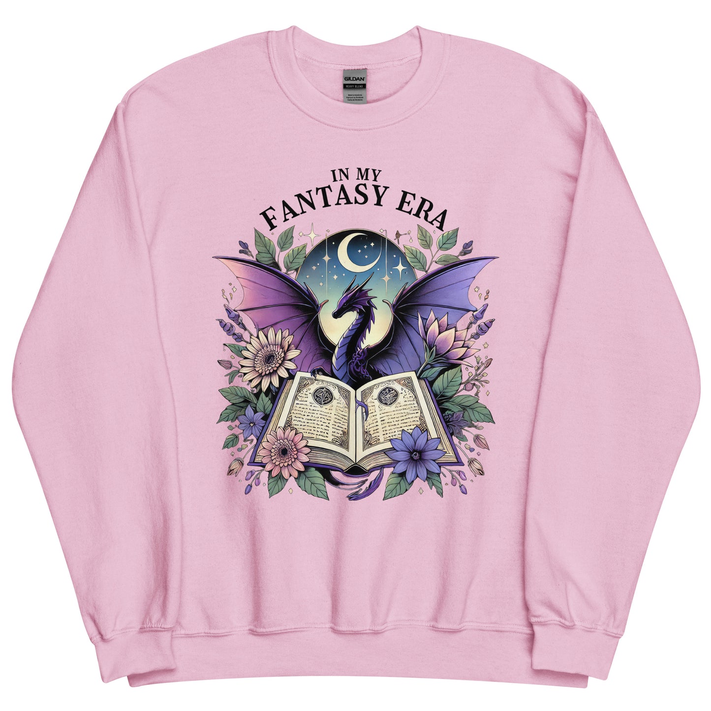 The in my fantasy era sweatshirt has a design of a purple dragon behind an open fantasy book and they are surrounded by purple and pink flowers. The text above the dragon says: in my fantasy era.
This sweatshirt is the colour light pink.