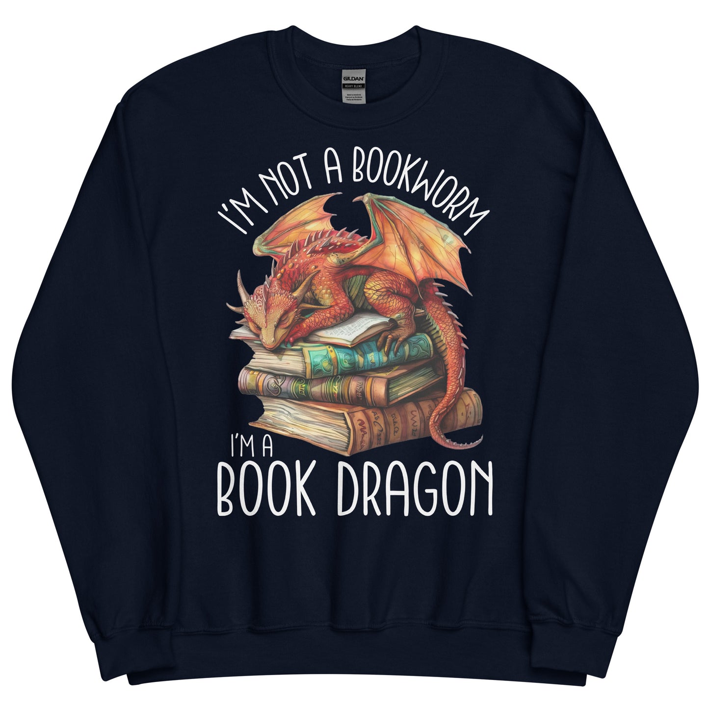 The book dragon sweatshirt has a design of a sleeping dragon on top of stacked books. The text says, "I'm not a bookworm. I'm a book dragon."
The colour of this sweatshirt is navy.