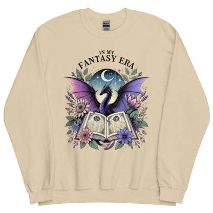 The in my fantasy era sweatshirt has a design of a purple dragon behind an open fantasy book and they are surrounded by purple and pink flowers. The text above the dragon says: in my fantasy era.
This sweatshirt is the colour sand.