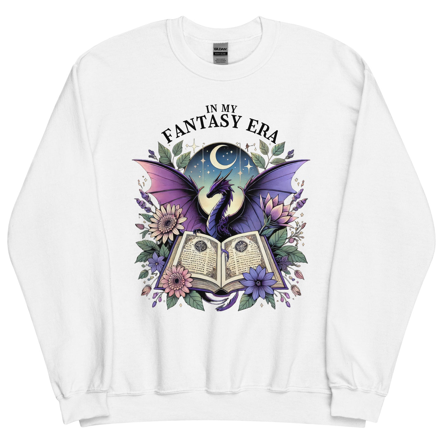 The in my fantasy era sweatshirt has a design of a purple dragon behind an open fantasy book and they are surrounded by purple and pink flowers. The text above the dragon says: in my fantasy era.
This sweatshirt is the colour white.