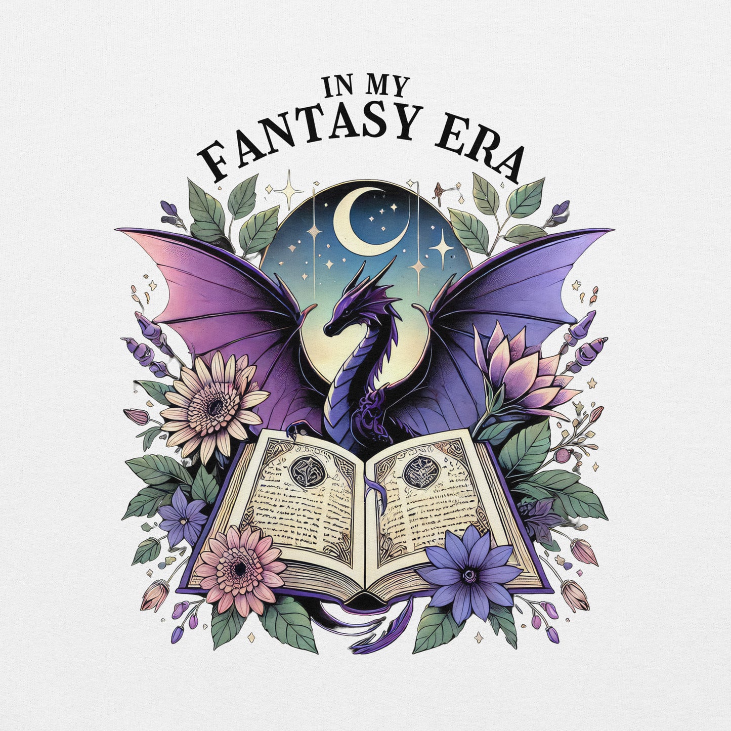 The in my fantasy era sweatshirt has a design of a purple dragon behind an open fantasy book and they are surrounded by purple and pink flowers. The text above the dragon says: in my fantasy era.
This is a close up of the design