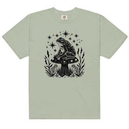 The celestial mushroom and frog t-shirt has a design of a frog sitting on a mushroom that's covered in celestial stars. 
The colour of this t-shirt is bay.