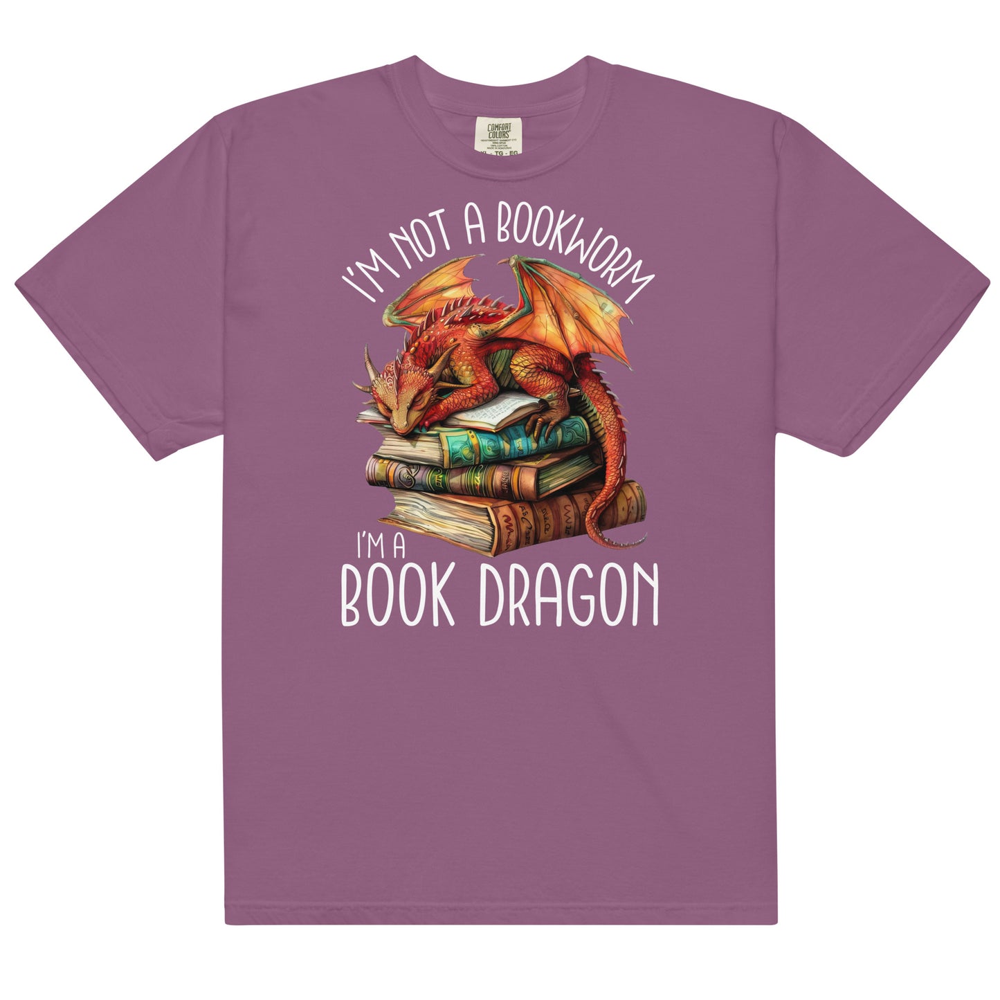 The book dragon t-shirt has a design of a sleeping dragon on top of stacked books. The text says, "I'm not a bookworm. I'm a book dragon."
The colour of this t-shirt is berry.