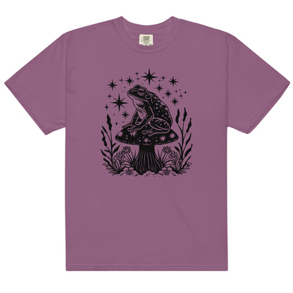 The celestial mushroom and frog t-shirt has a design of a frog sitting on a mushroom that's covered in celestial stars. 
The colour of this t-shirt is berry.