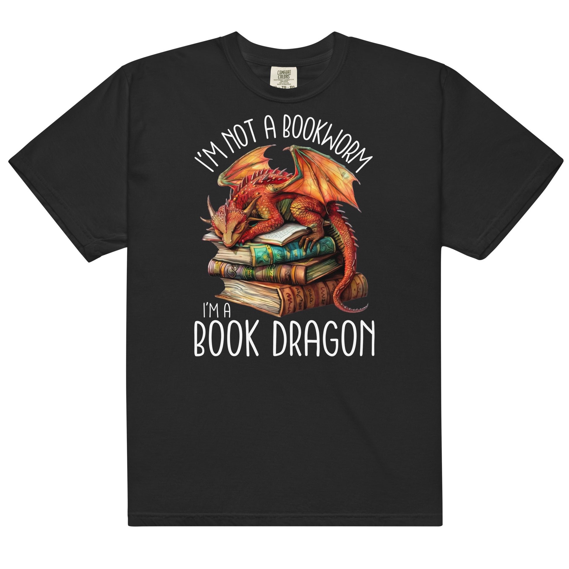 The book dragon t-shirt has a design of a sleeping dragon on top of stacked books. The text says, "I'm not a bookworm. I'm a book dragon."
The colour of this t-shirt is black.