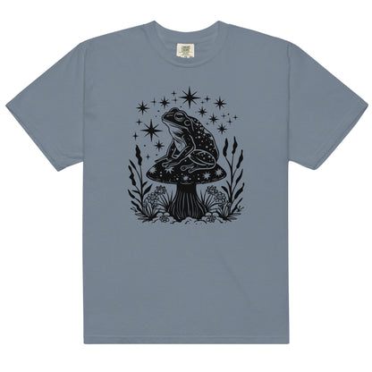 The celestial mushroom and frog t-shirt has a design of a frog sitting on a mushroom that's covered in celestial stars. 
The colour of this t-shirt is blue jean.