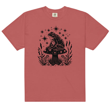 The celestial mushroom and frog t-shirt has a design of a frog sitting on a mushroom that's covered in celestial stars. 
The colour of this t-shirt is crimson.