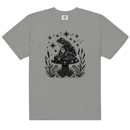 The celestial mushroom and frog t-shirt has a design of a frog sitting on a mushroom that's covered in celestial stars. 
The colour of this t-shirt is grey.