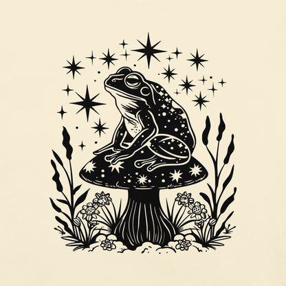 The celestial mushroom and frog t-shirt has a design of a frog sitting on a mushroom that's covered in celestial stars. 
This is a close up of the design.