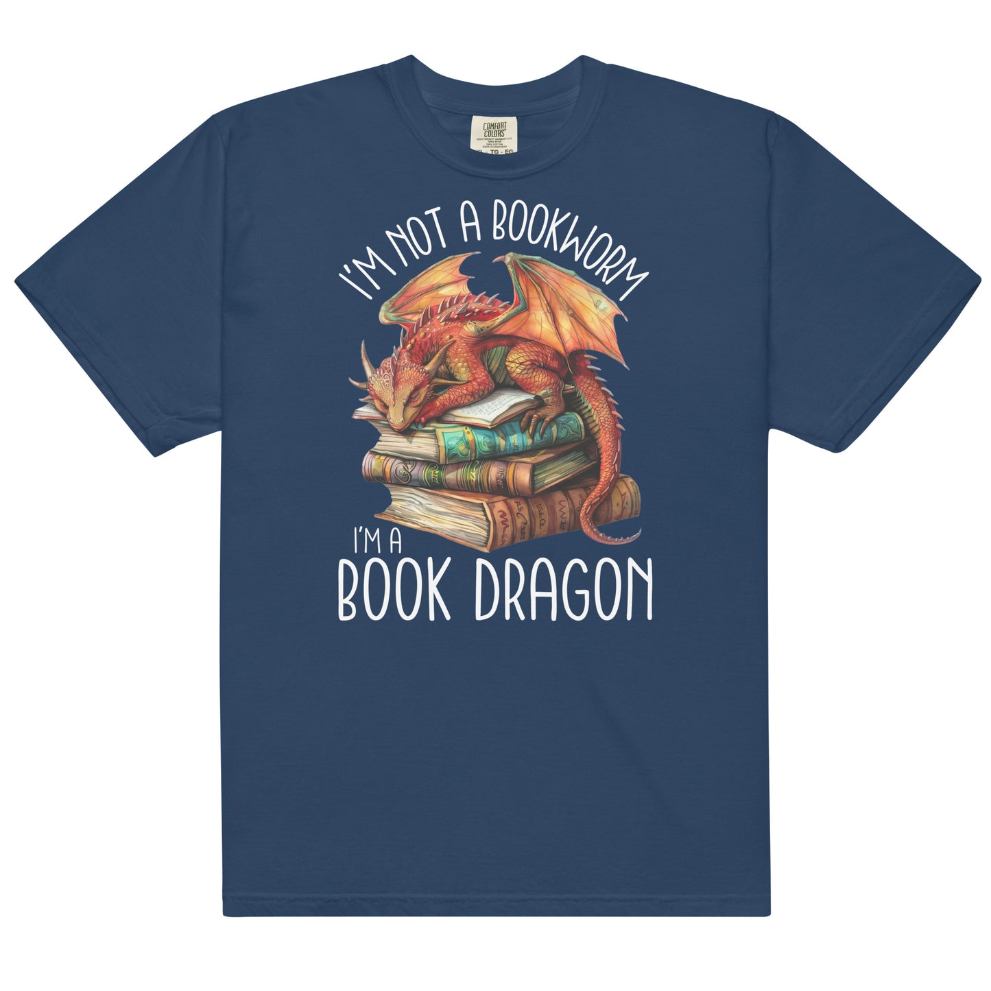 The book dragon t-shirt has a design of a sleeping dragon on top of stacked books. The text says, "I'm not a bookworm. I'm a book dragon."
The colour of this t-shirt is true navy.